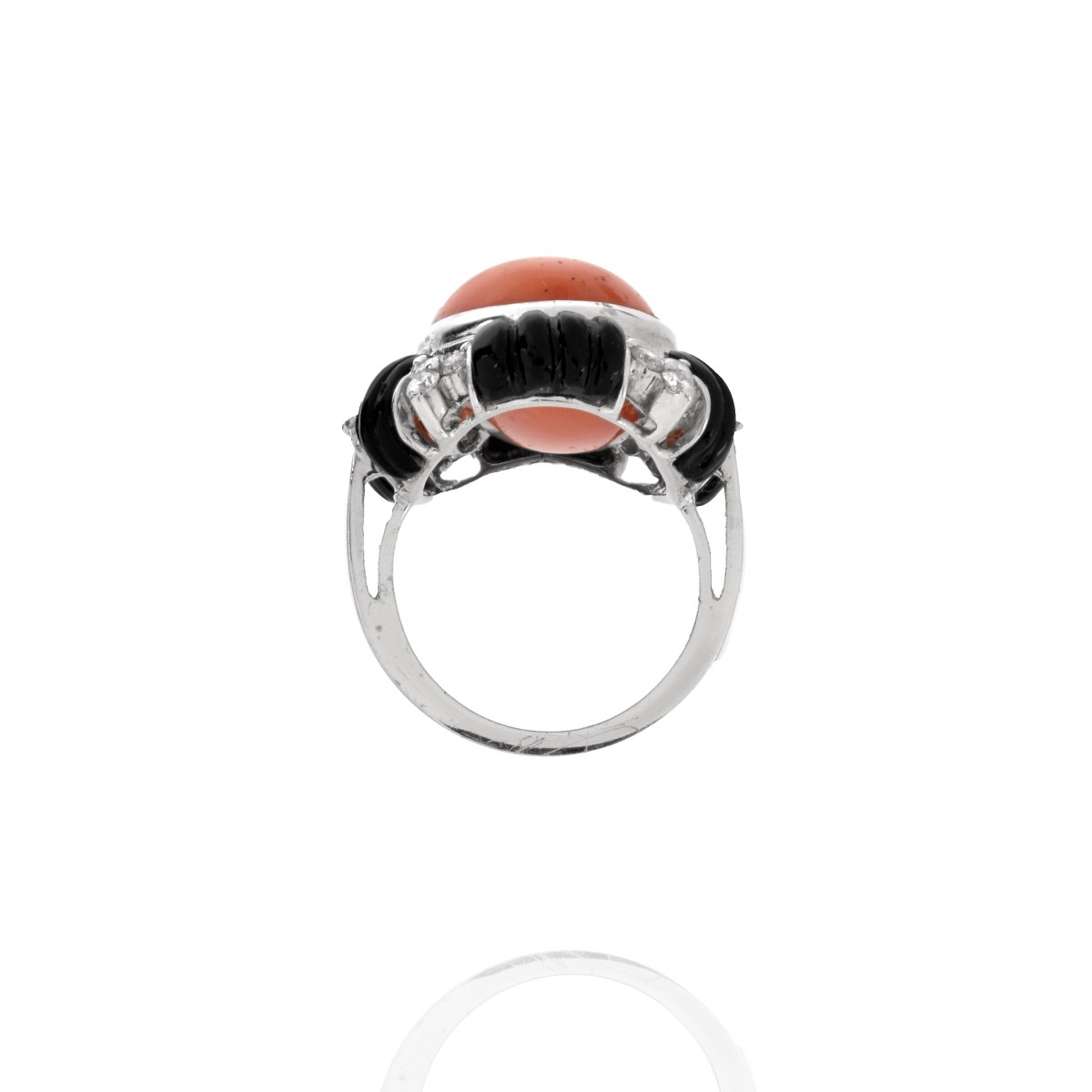 Coral, Onyx, Diamond and 18K Ring