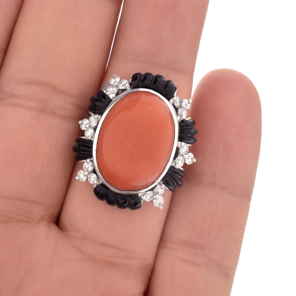 Coral, Onyx, Diamond and 18K Ring