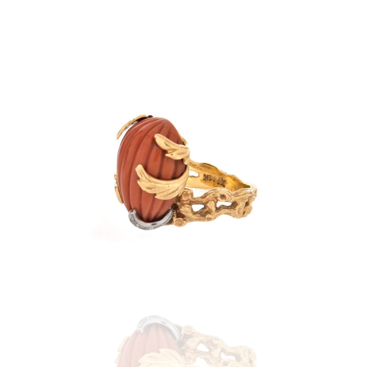 Coral, Diamond and 14K Ring