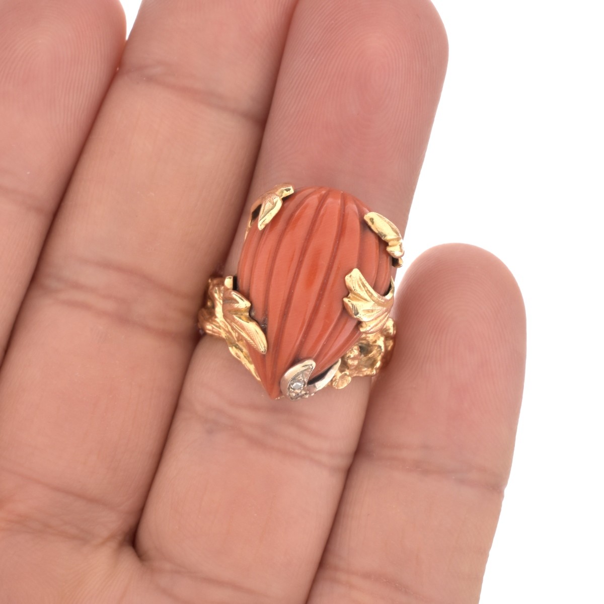 Coral, Diamond and 14K Ring