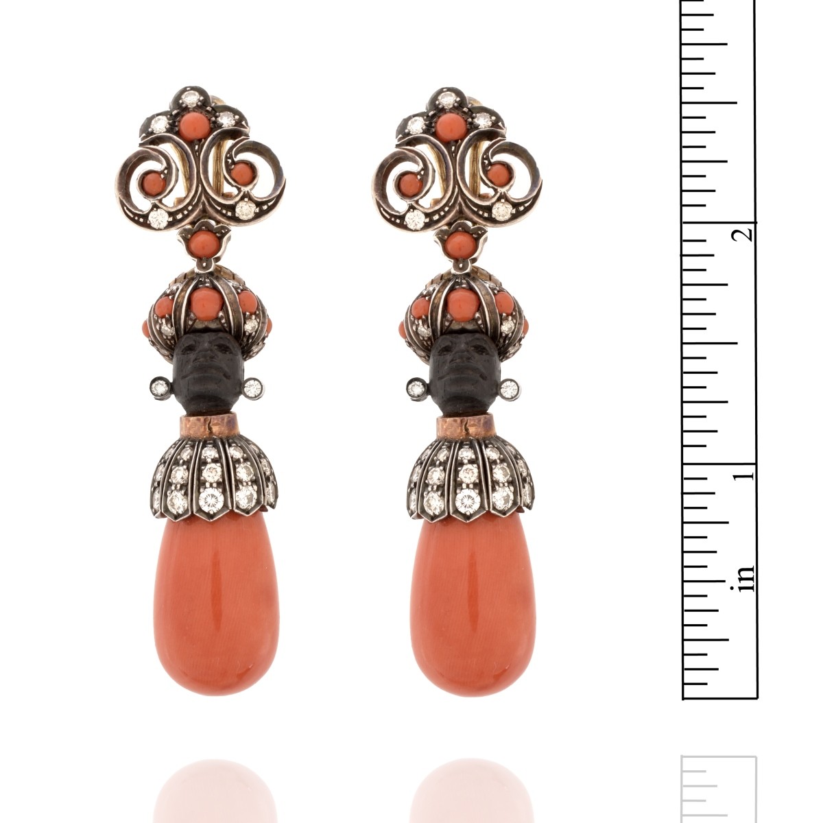 Diamond, Coral, 18K and Silver Earrings