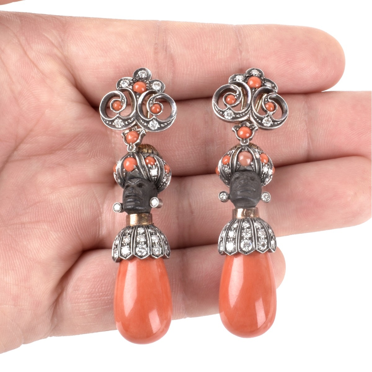 Diamond, Coral, 18K and Silver Earrings