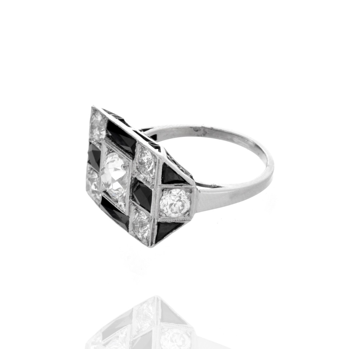 Deco Diamond, Onyx and Platinum Ring