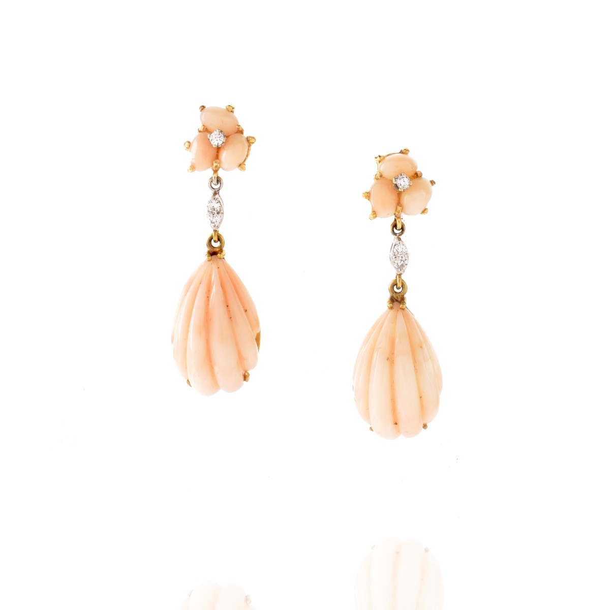 Coral, Diamond and 14K Earrings