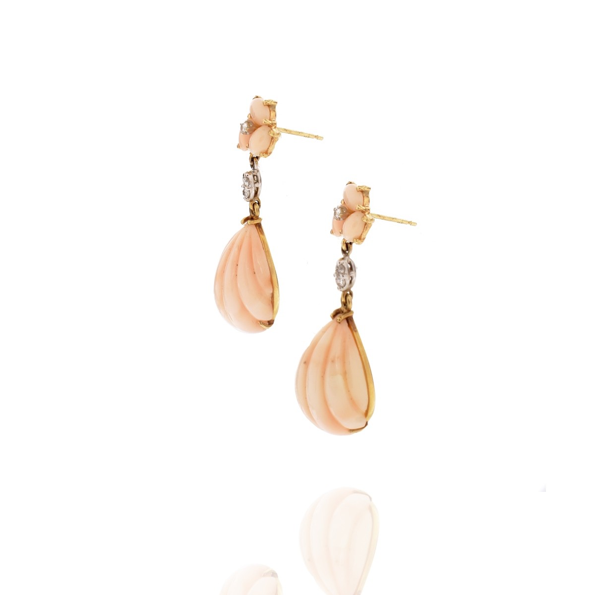 Coral, Diamond and 14K Earrings