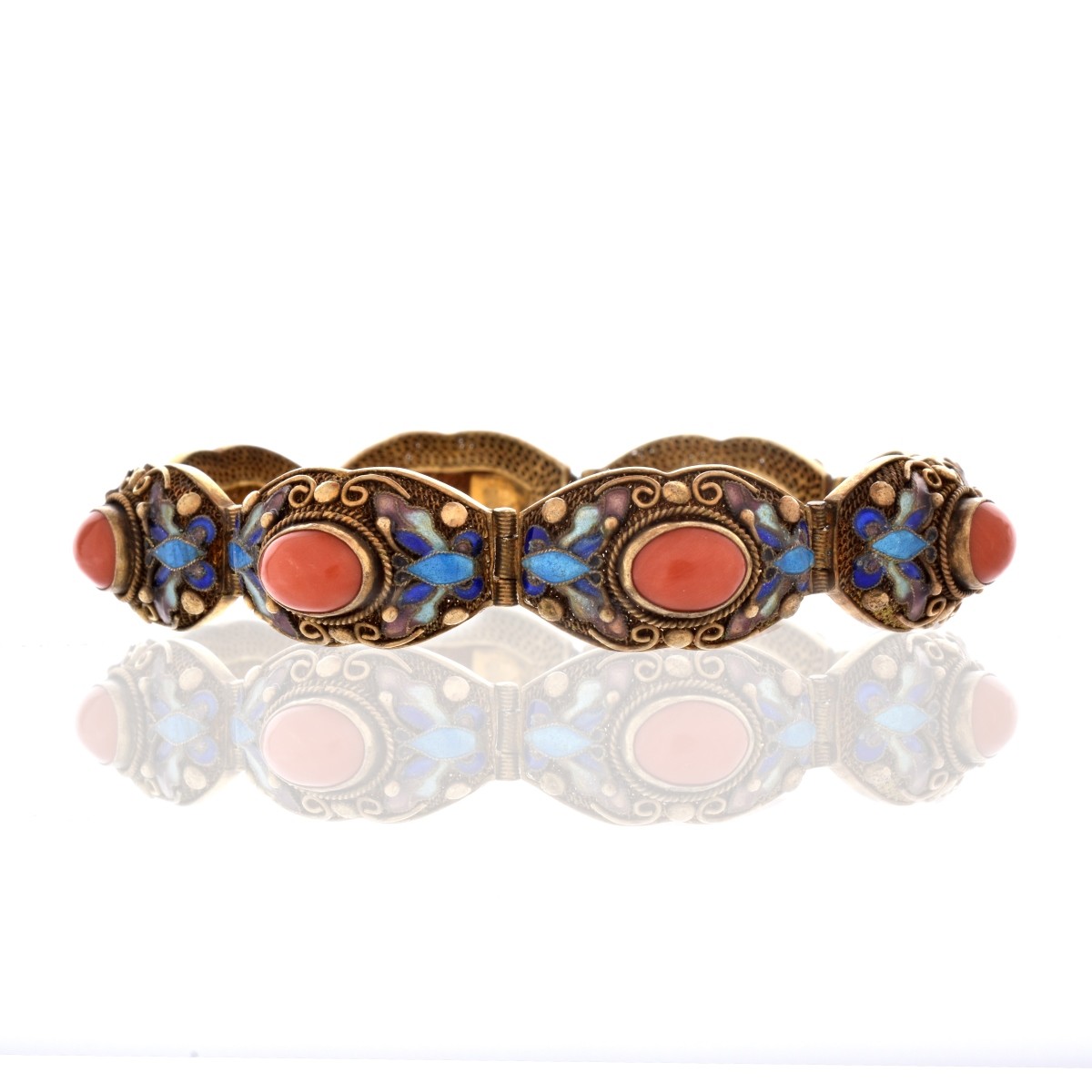 Coral, Enamel and Silver Bracelet