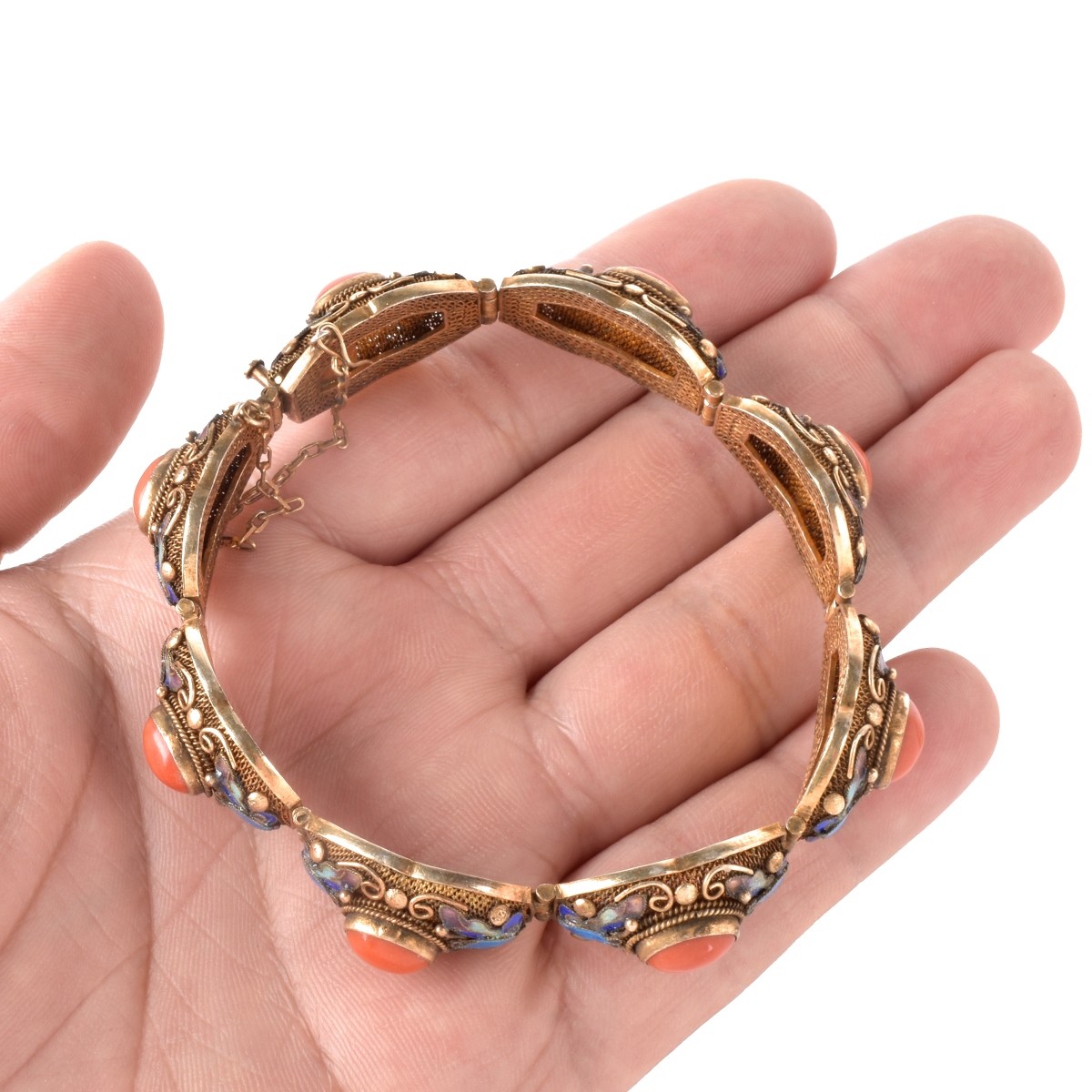 Coral, Enamel and Silver Bracelet