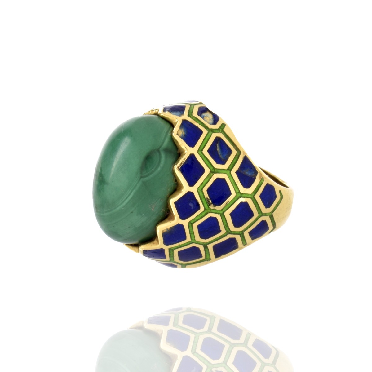 Malachite, Enamel and 18K Ring