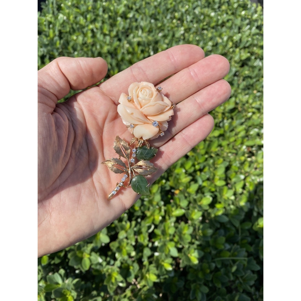 Coral, Jade, Diamond and 14K Brooch