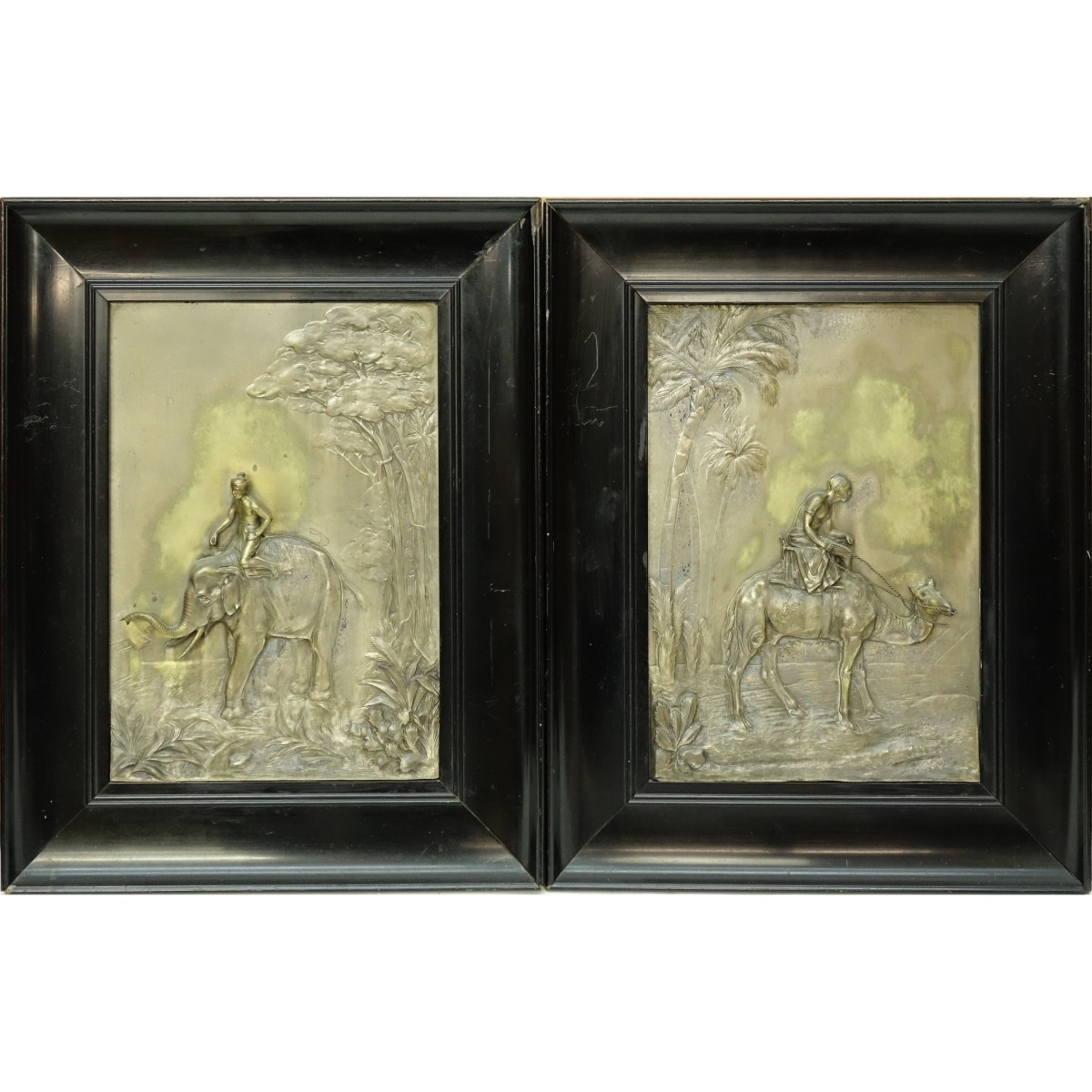 2 Vintage Orientalist School Brass Relief Panels