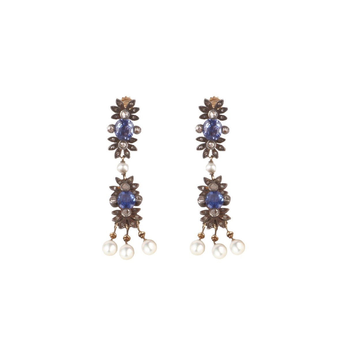 Sapphire, Diamond, Pearl and 14K Earrings