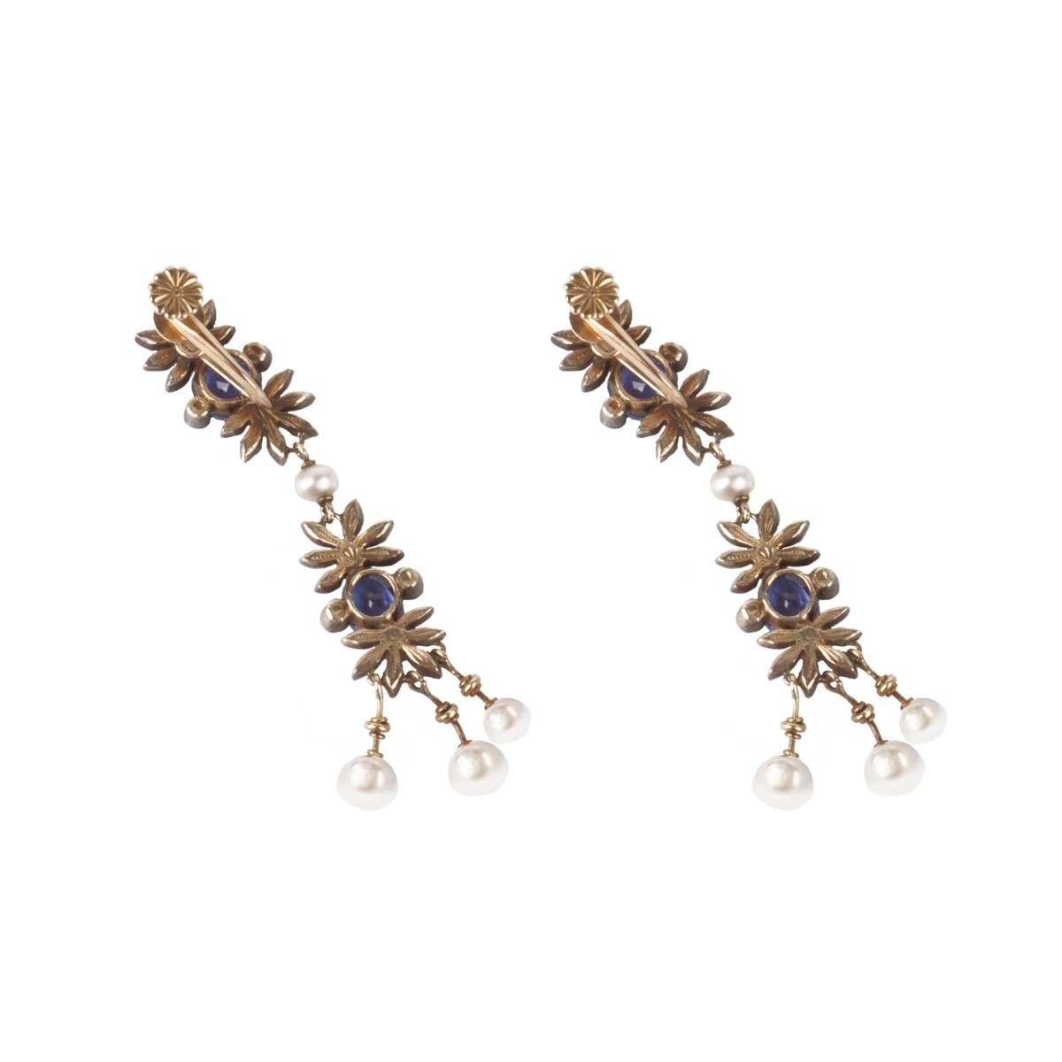 Sapphire, Diamond, Pearl and 14K Earrings