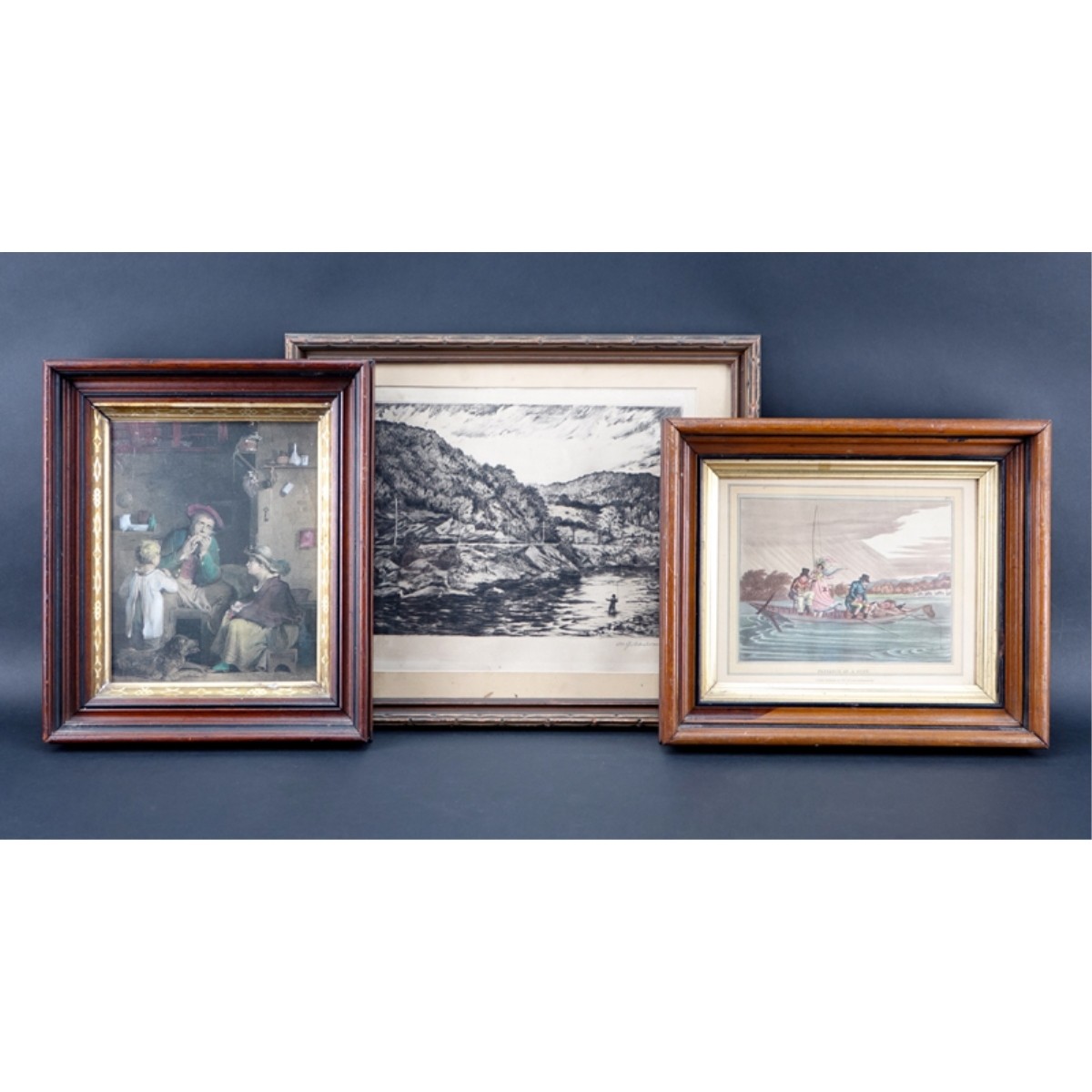 3 Antique Framed Prints, Music, Fishing, Boating