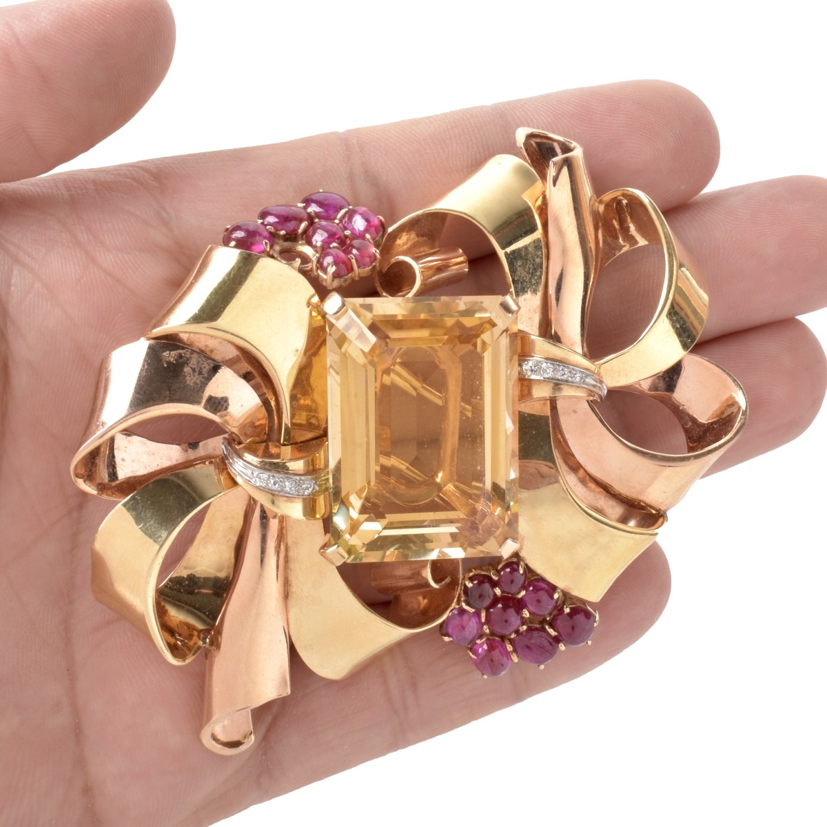 Citrine, Diamond, Ruby and 18K Brooch