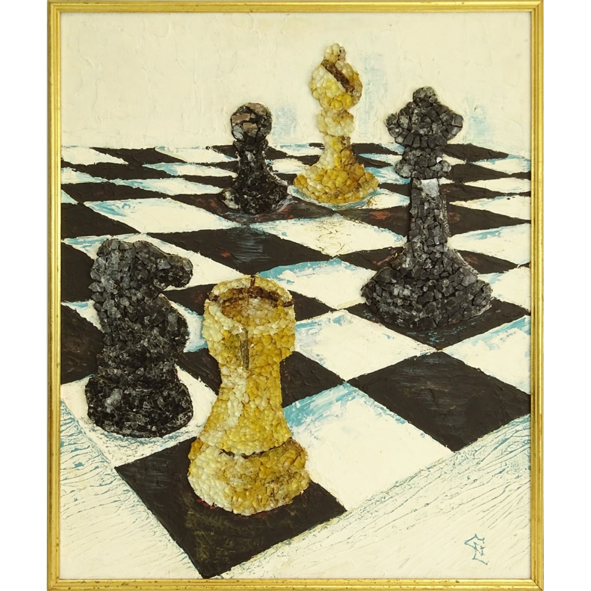 Modern Mixed Media Glass Mosaic and O/Panel, Chess