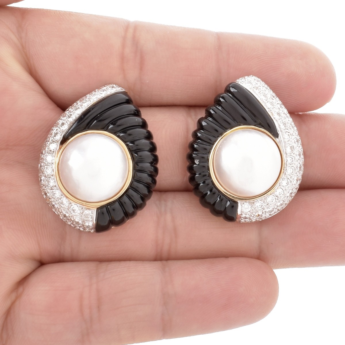 Diamond, Pearl, Onyx and 18K Earrings