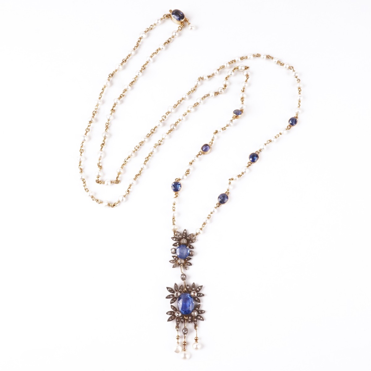 Sapphire, Diamond, Pearl and 14K Necklace