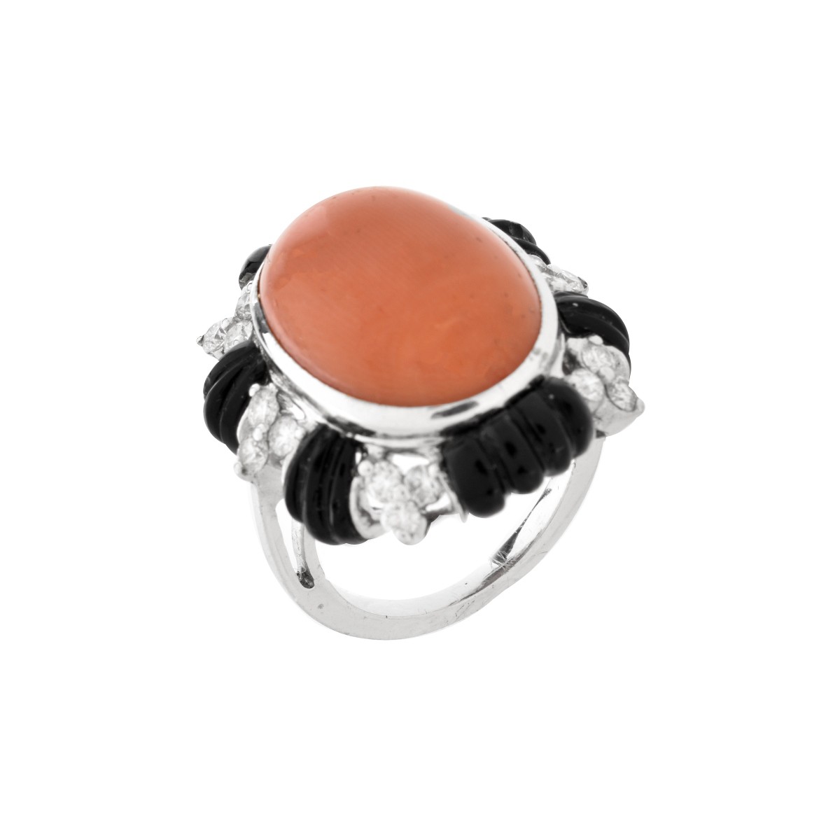 Coral, Onyx, Diamond and 18K Ring