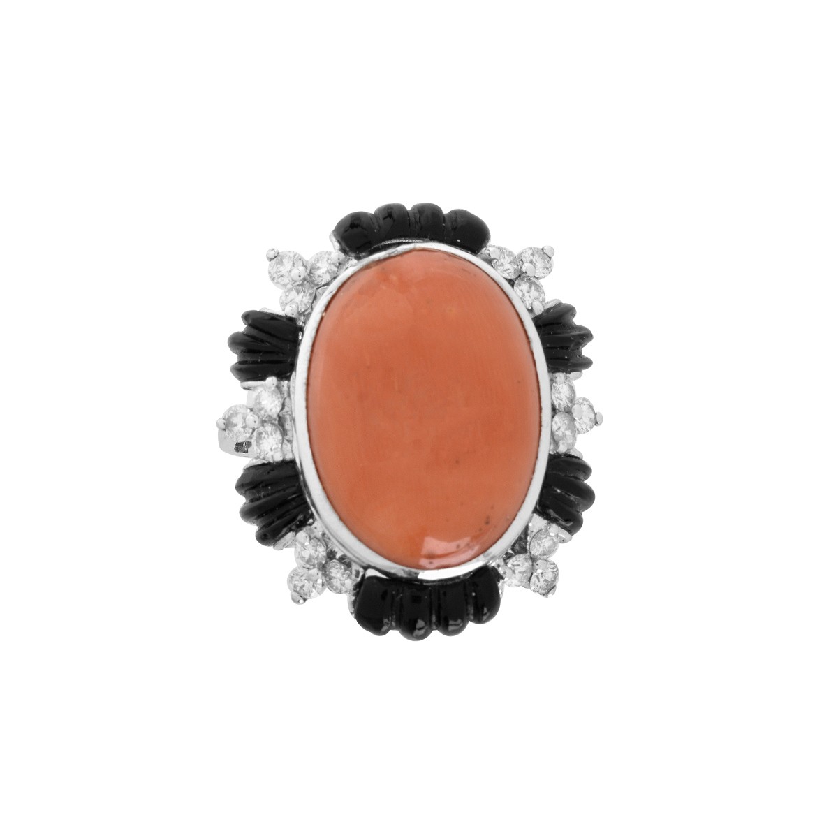 Coral, Onyx, Diamond and 18K Ring