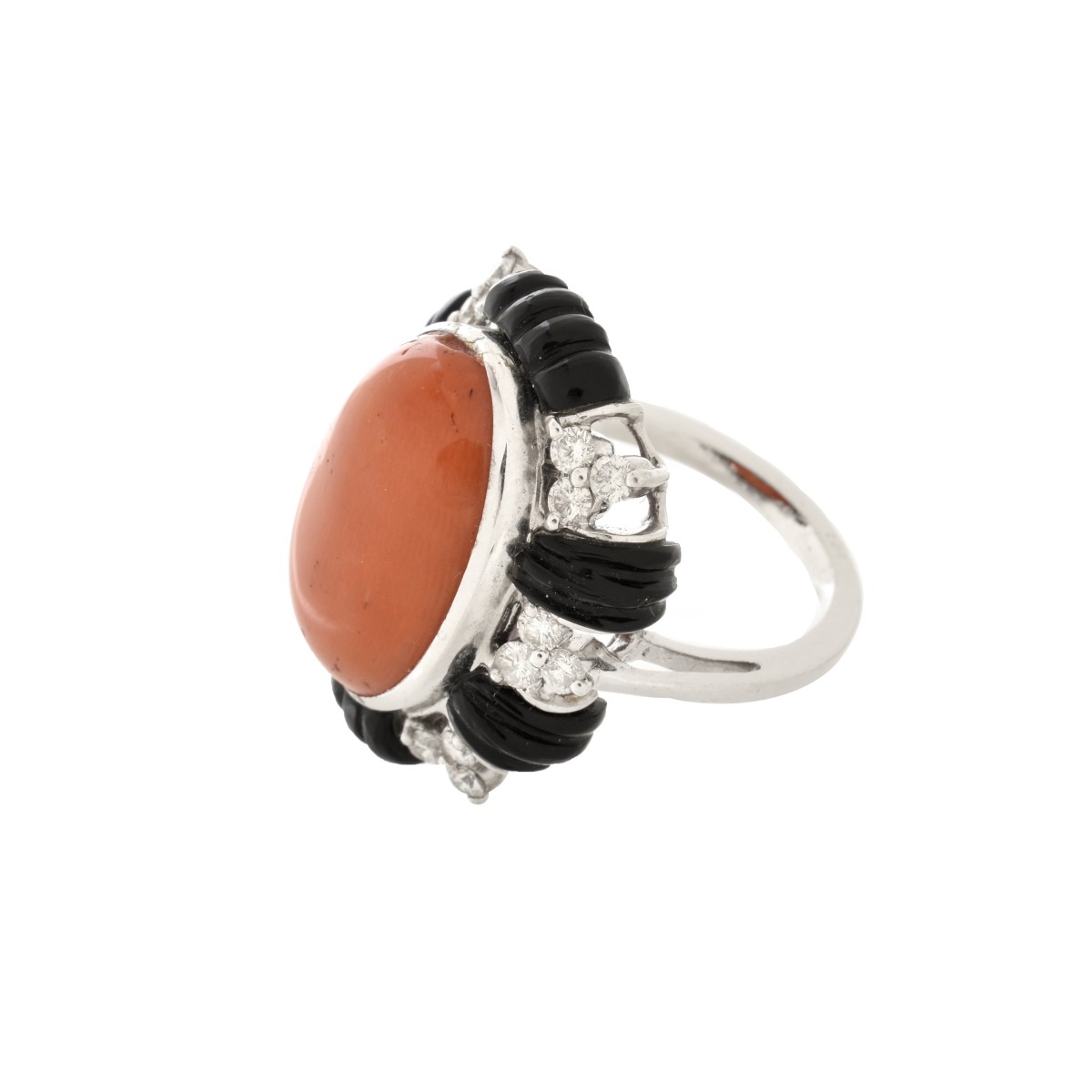 Coral, Onyx, Diamond and 18K Ring