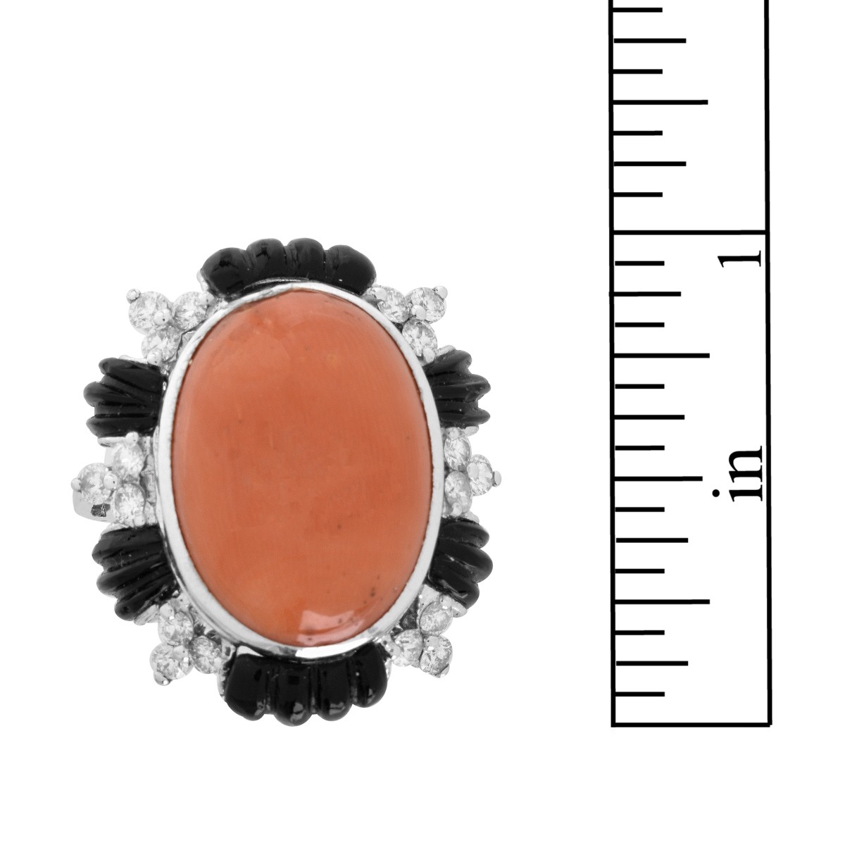 Coral, Onyx, Diamond and 18K Ring