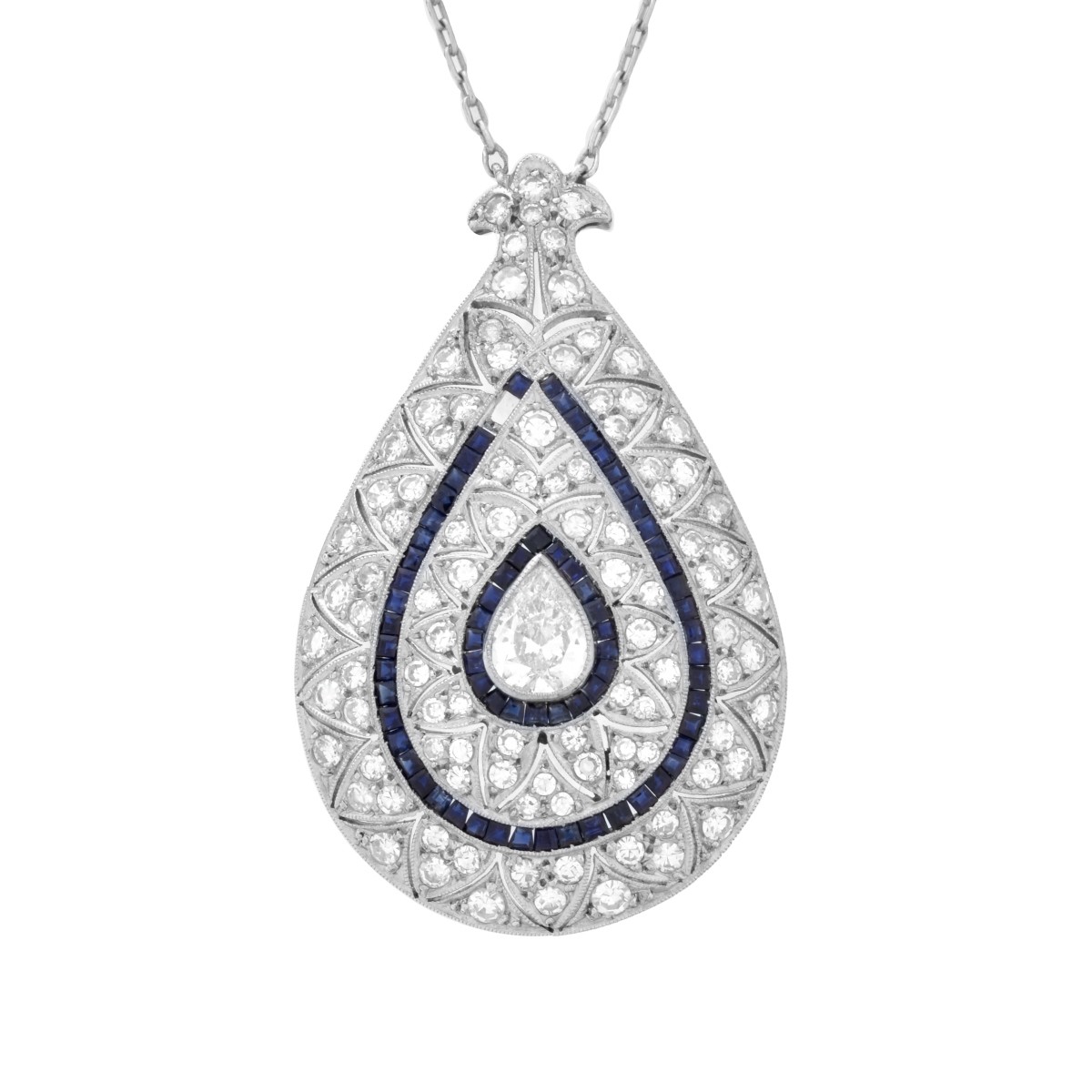 Deco Diamond and Platinum Pendant Necklace