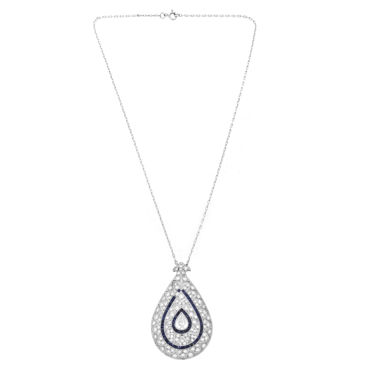 Deco Diamond and Platinum Pendant Necklace