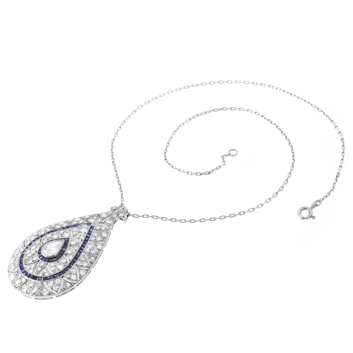 Deco Diamond and Platinum Pendant Necklace