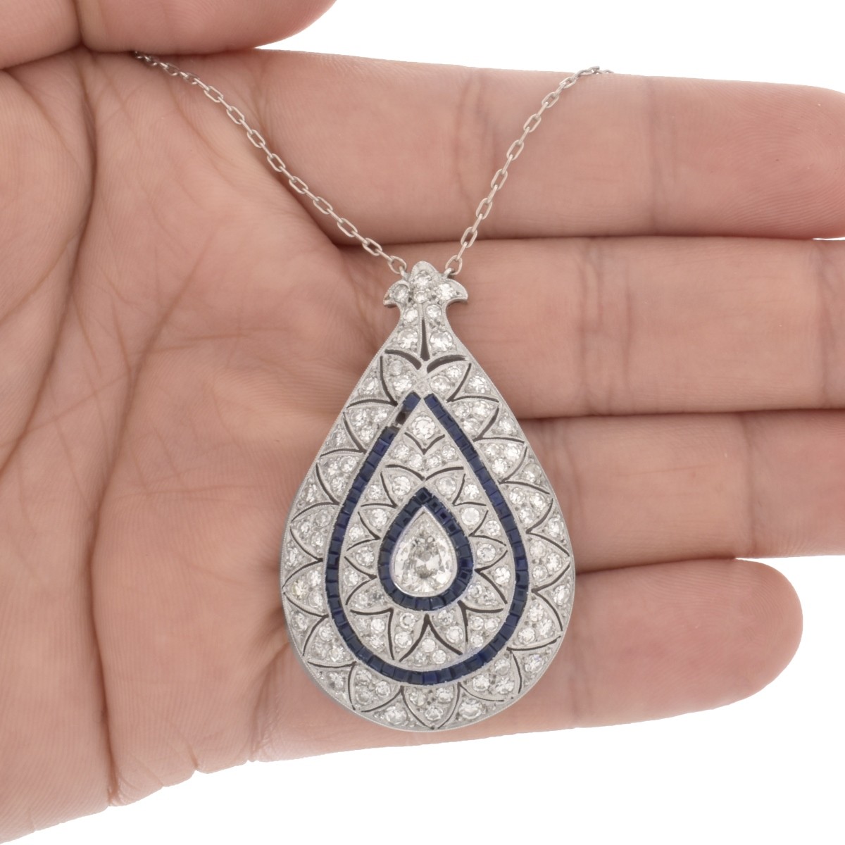 Deco Diamond and Platinum Pendant Necklace