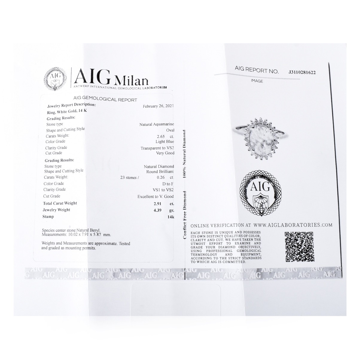 AIG Aquamarine, Diamond and 14K Ring