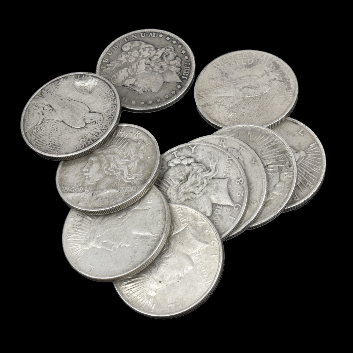 Ten U.S. Silver Peace Dollars