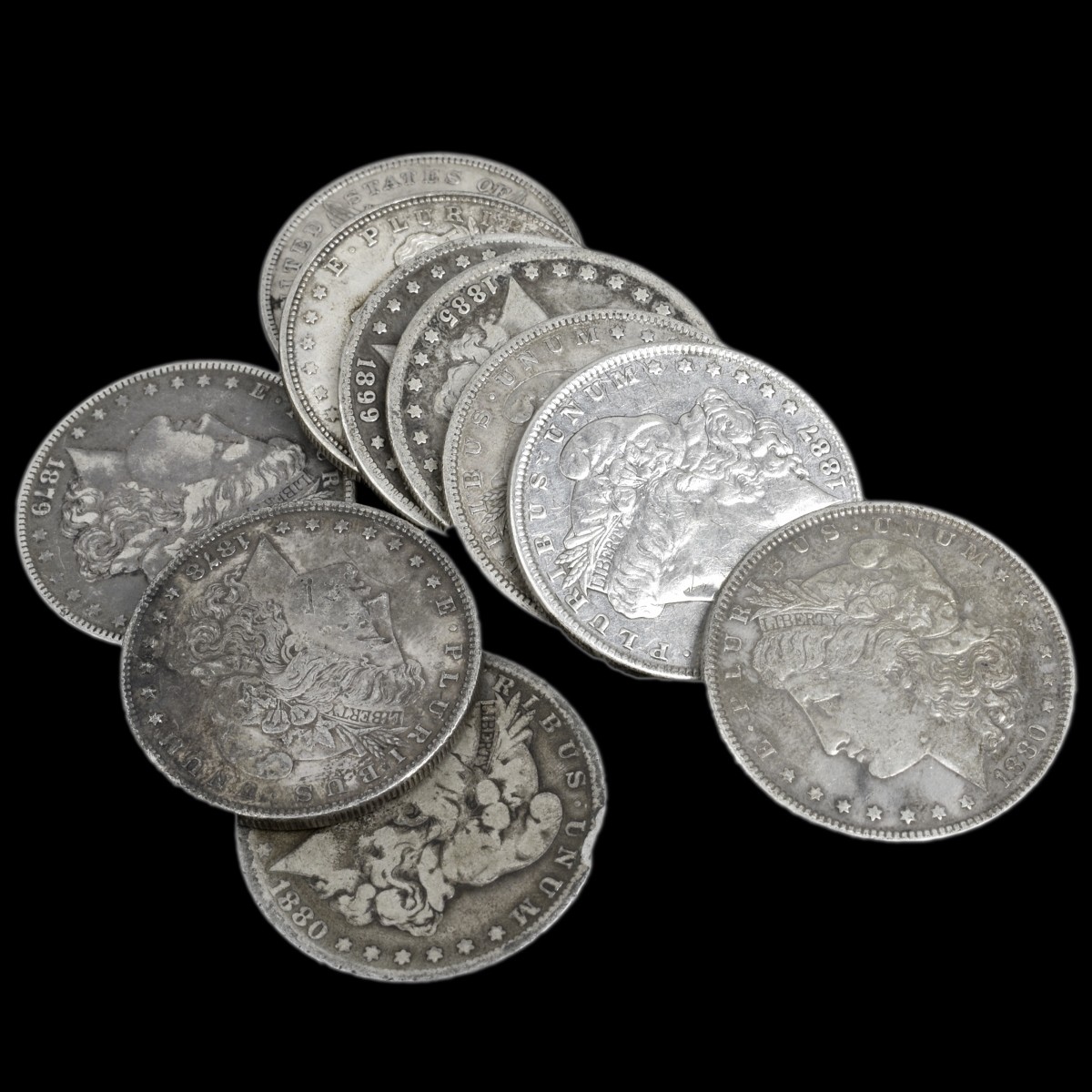 Ten U.S. Silver Morgan Dollars