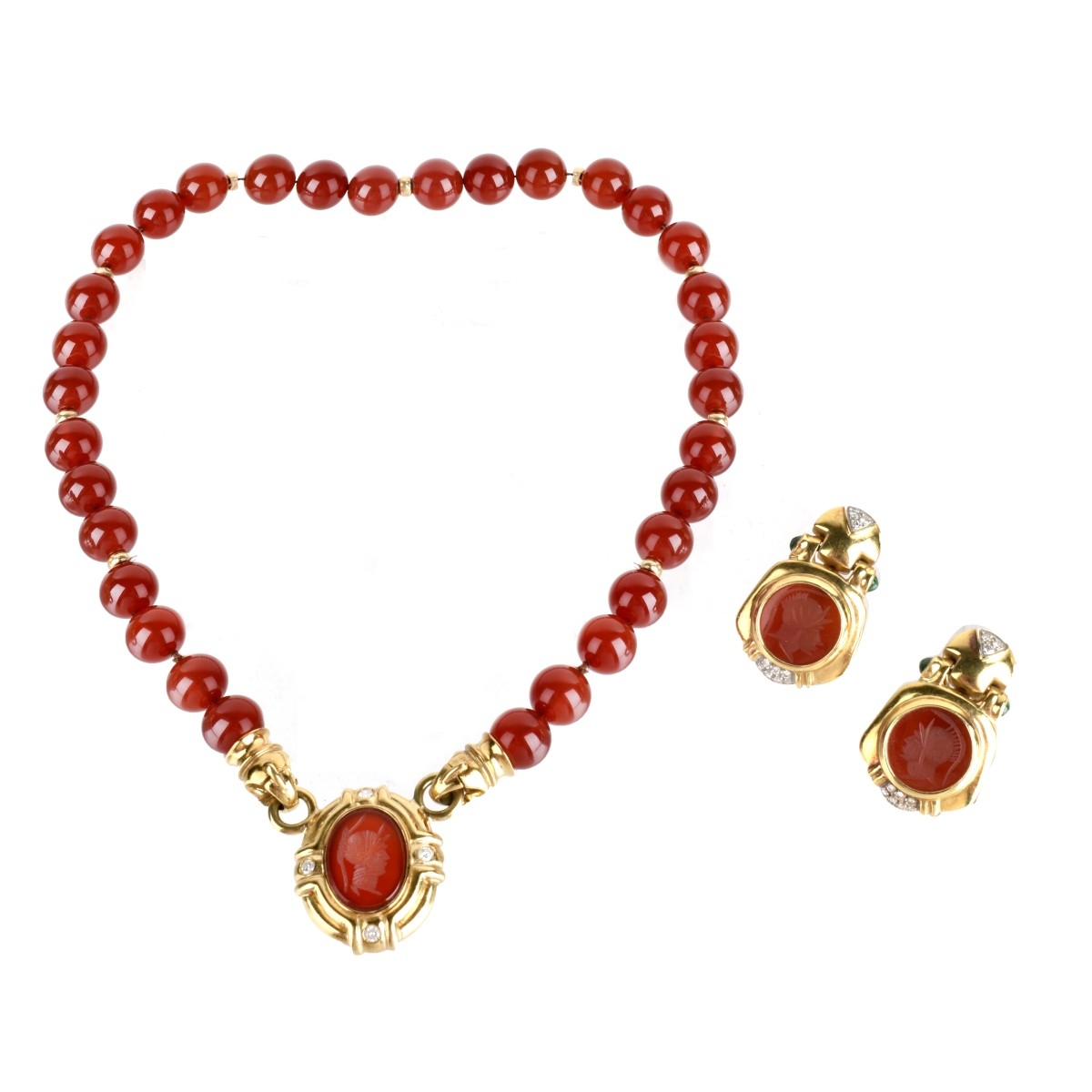 Carnelian and 18K Necklace and Earrings