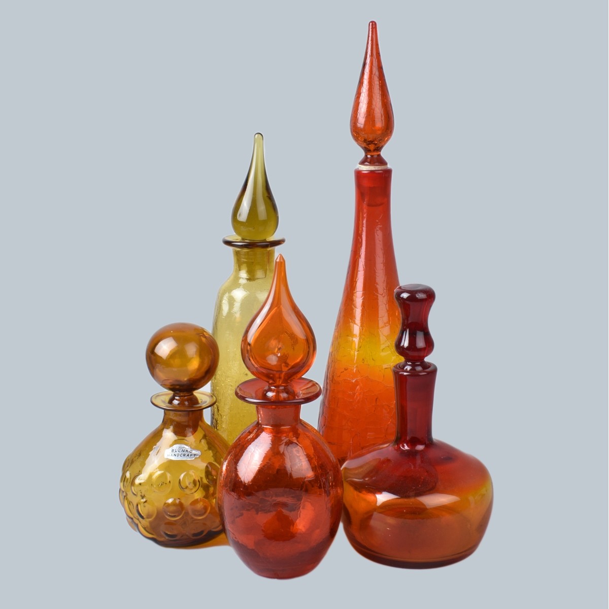 Five Blenko Glass Decanters