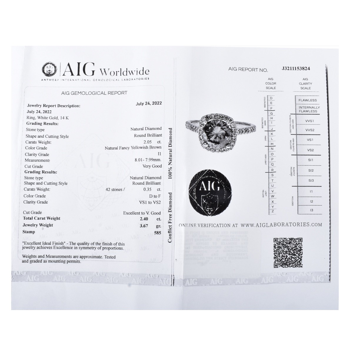 AIG Fancy Diamond and 14K Ring