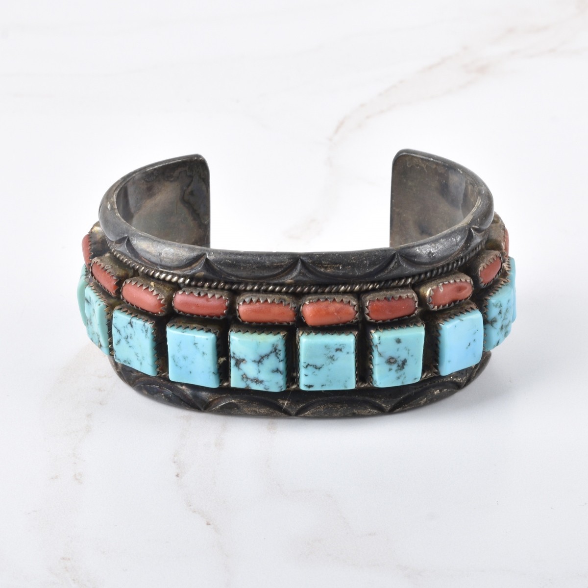 Silver, Turquoise and Coral Cuff