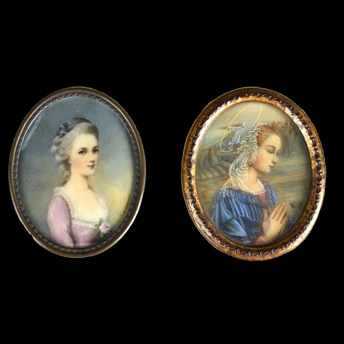 Two Antique French Hand Painted Portraits