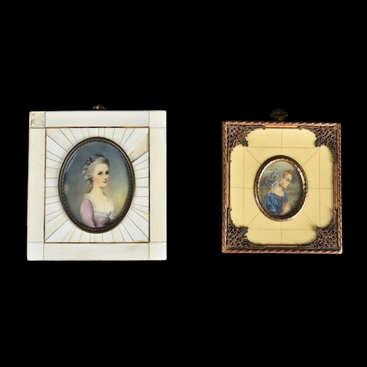 Two Antique French Hand Painted Portraits