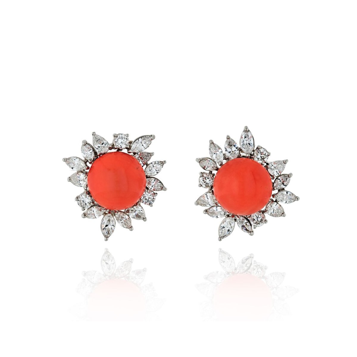 Diamond, Coral and Platinum Earrings