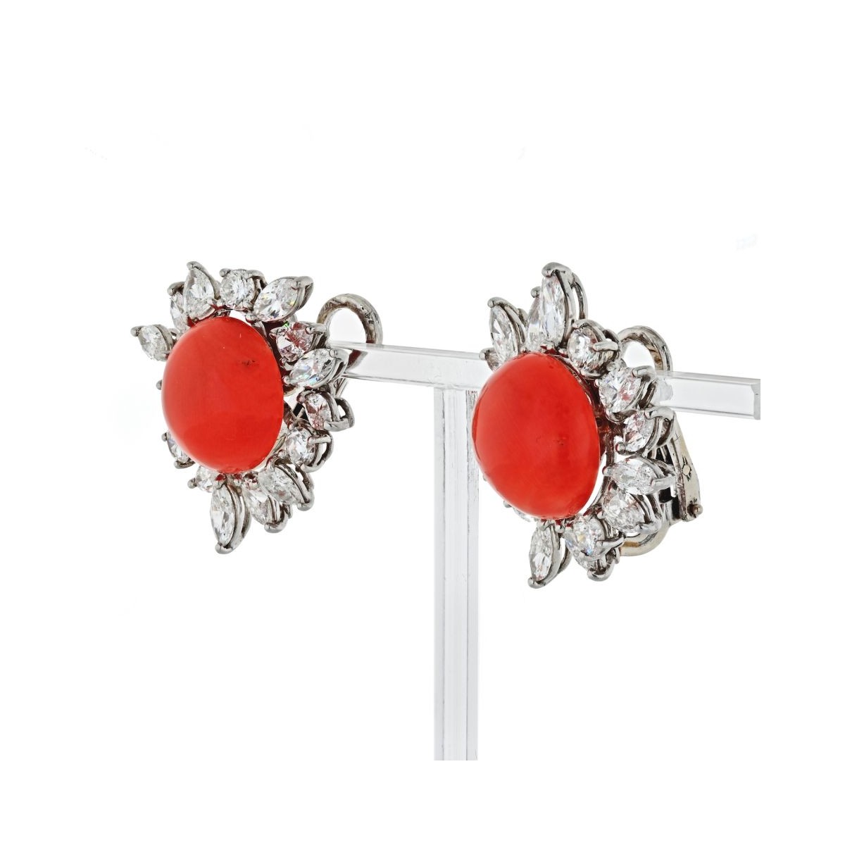 Diamond, Coral and Platinum Earrings