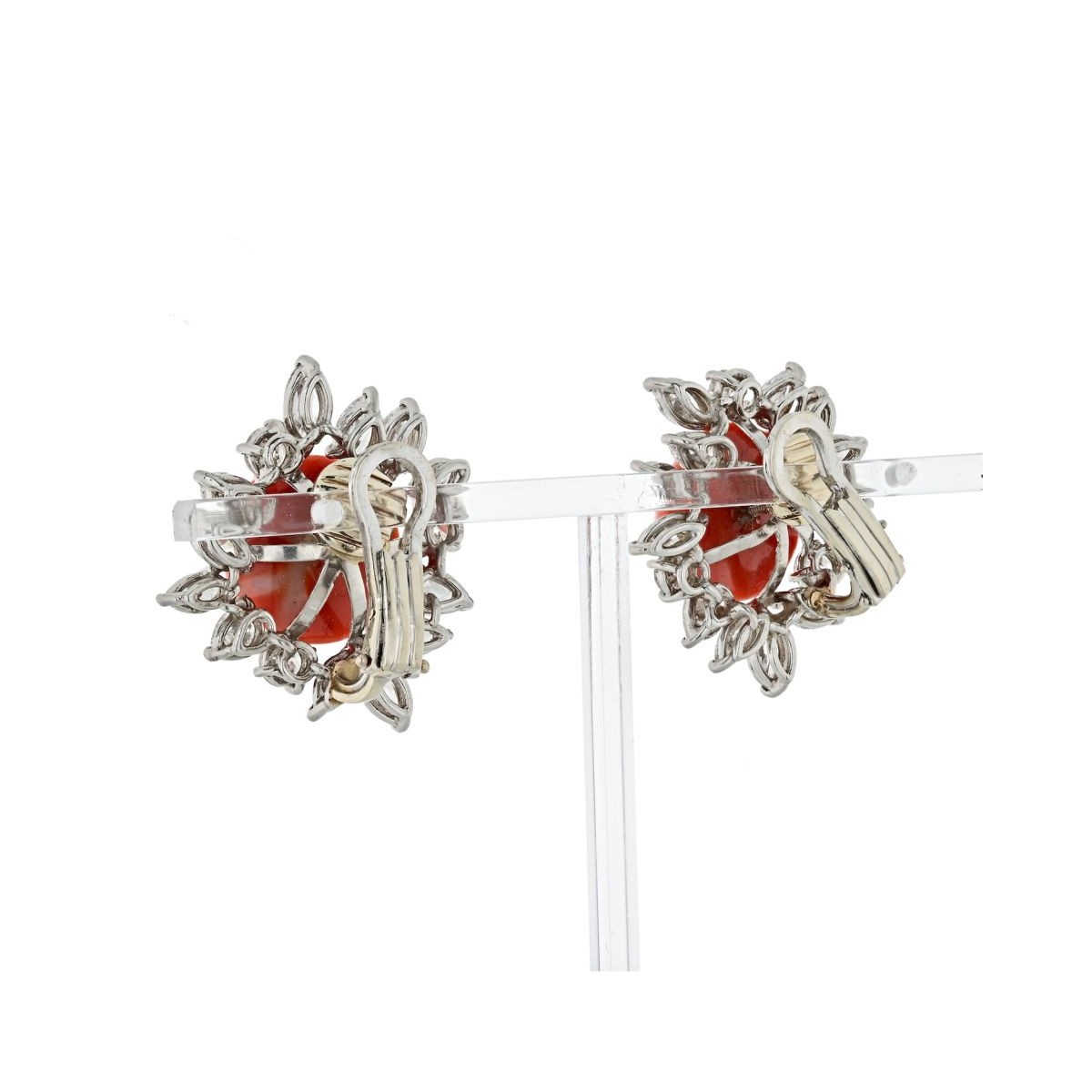 Diamond, Coral and Platinum Earrings