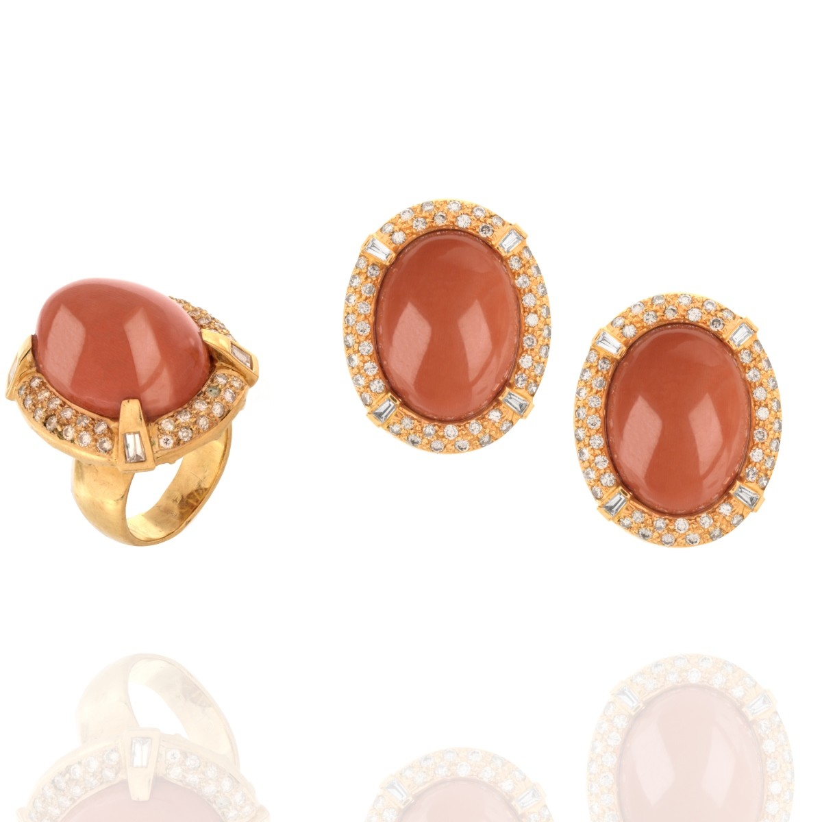 Coral, Diamond and 14K Ring and Earrings