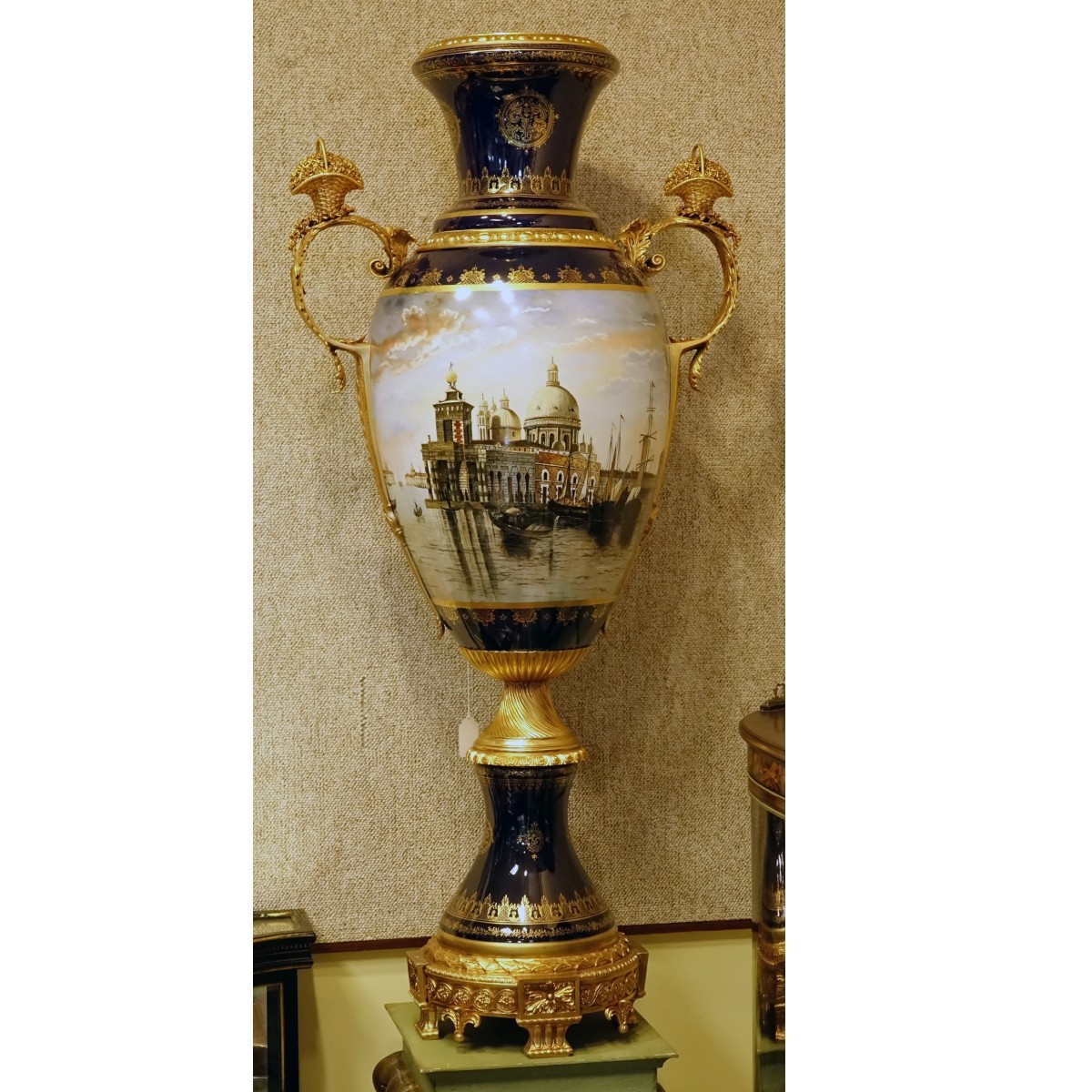 Pr Monumental Hand Painted Palace Size Urns