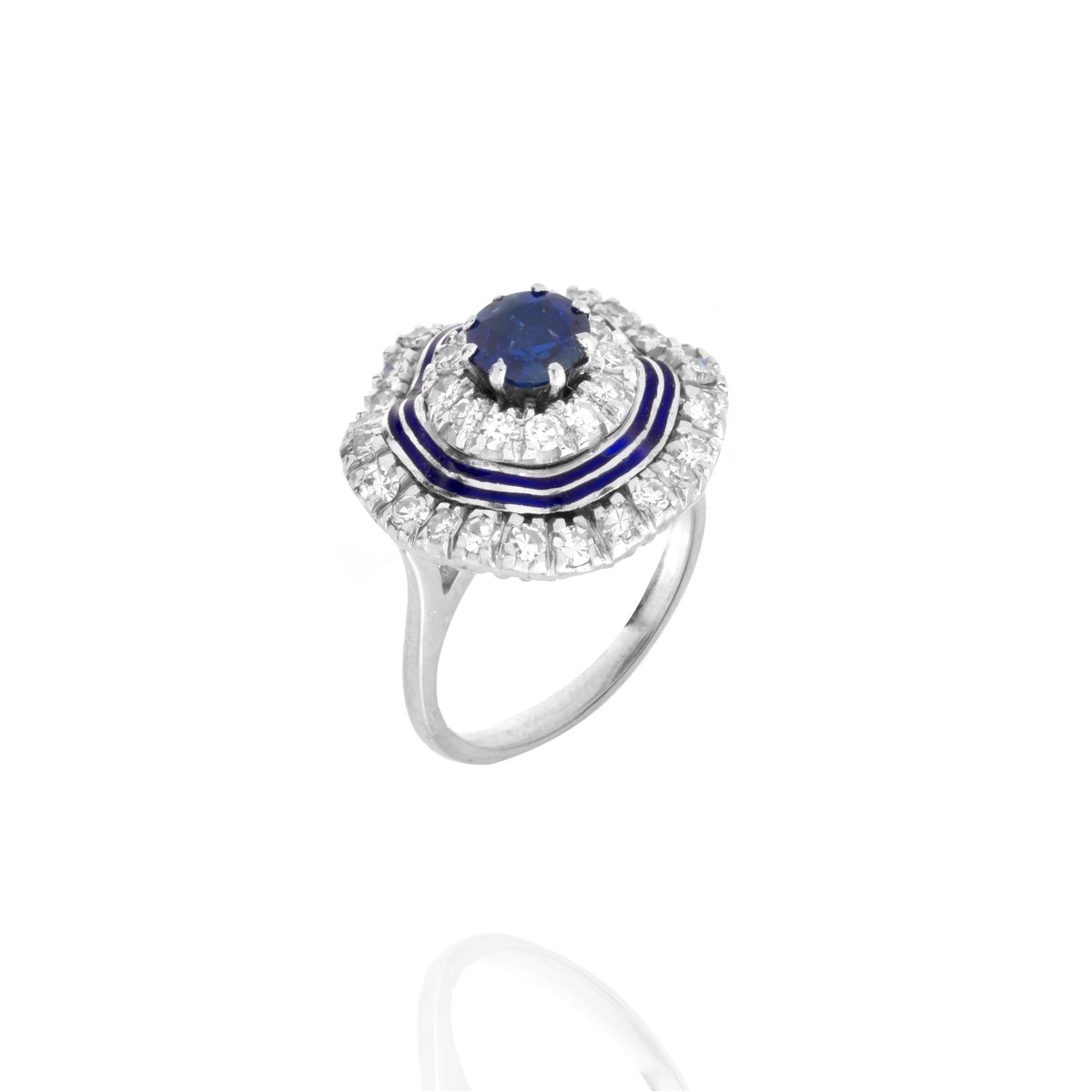 Sapphire, Diamond, Enamel and 18K Ring