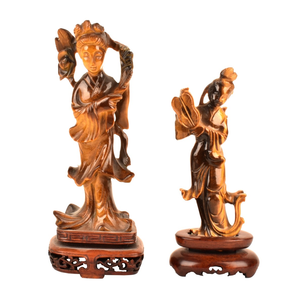 Two Chinese Guanyin Tiger Eye Figurines