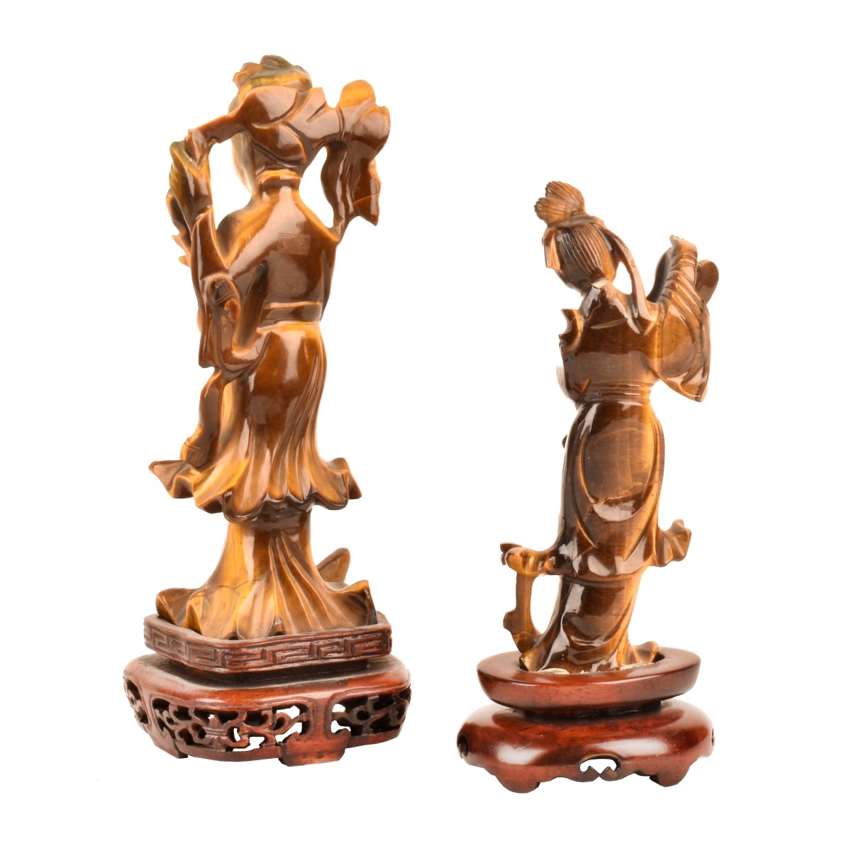 Two Chinese Guanyin Tiger Eye Figurines