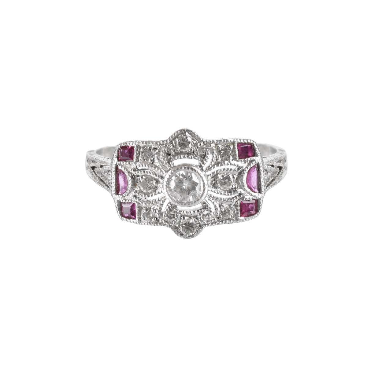 Deco Diamond, Ruby and Platinum Ring