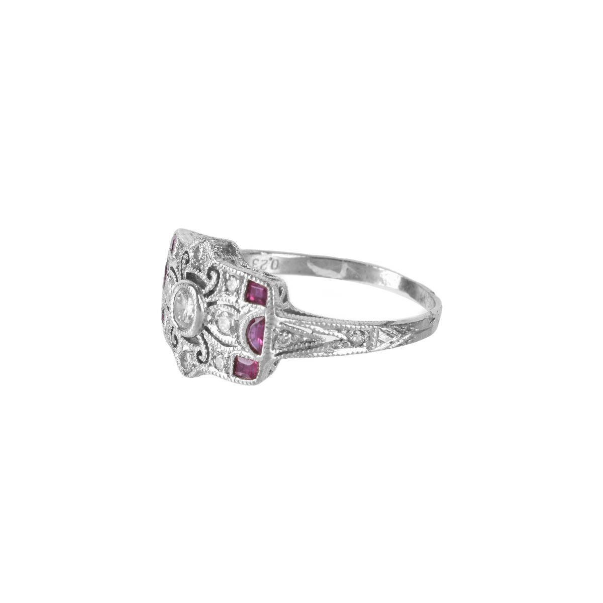 Deco Diamond, Ruby and Platinum Ring