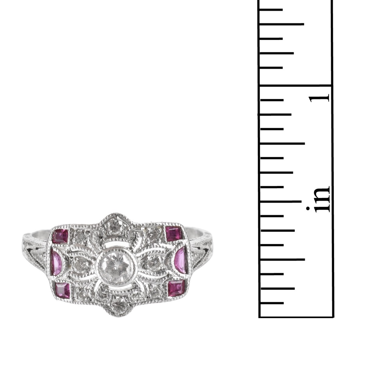 Deco Diamond, Ruby and Platinum Ring