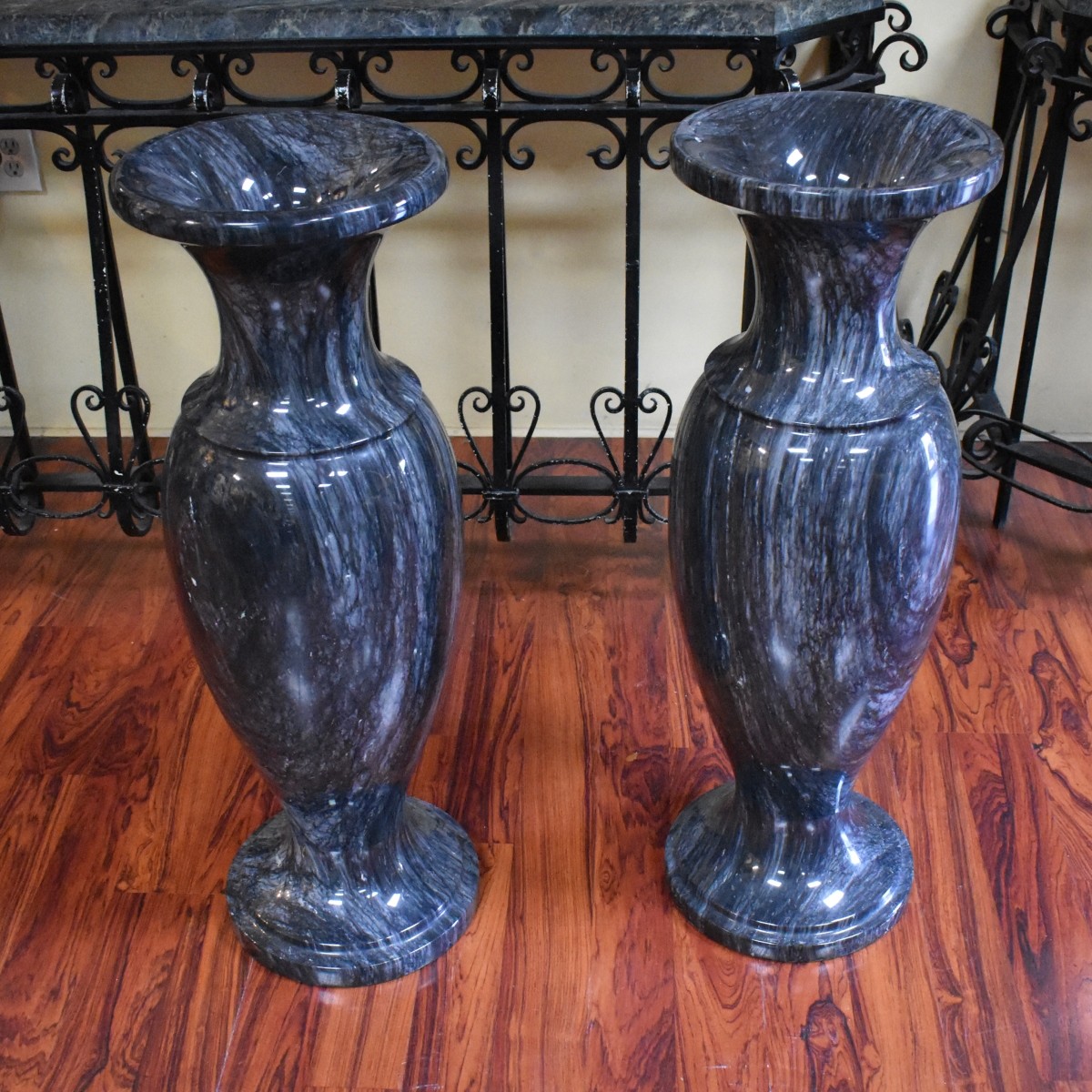 Pair Palace Size Black Marble Vases